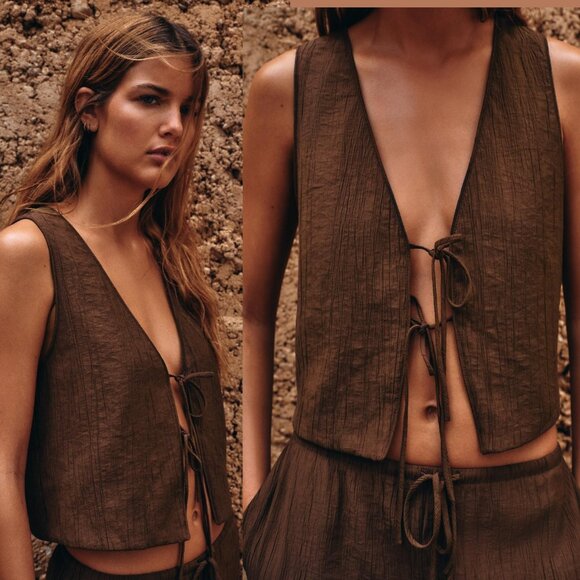Zara Textured Tie-Front Cropped Vest Top - Brown - Size Small - Picture 2 of 5